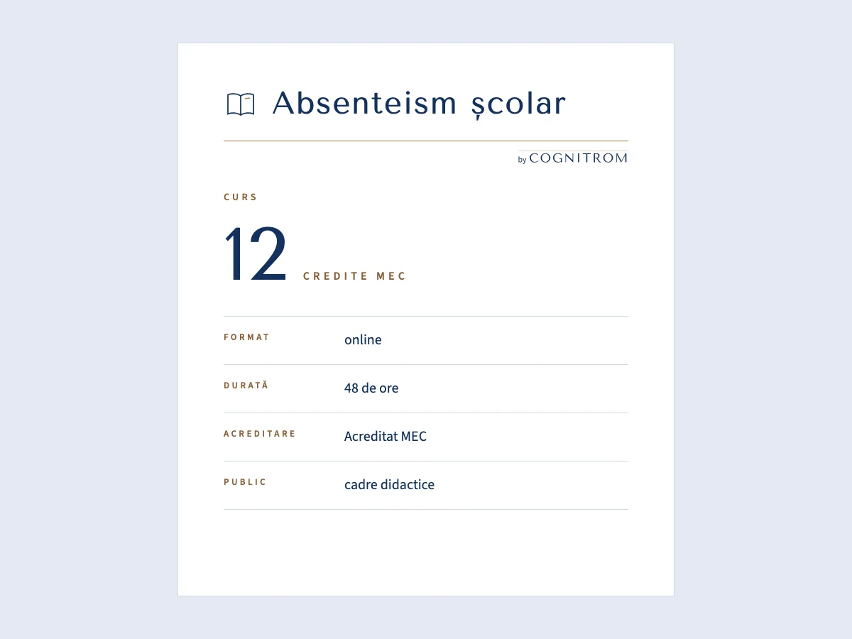 Fișa cursului „Absenteism școlar”: format, durată, acreditare și public