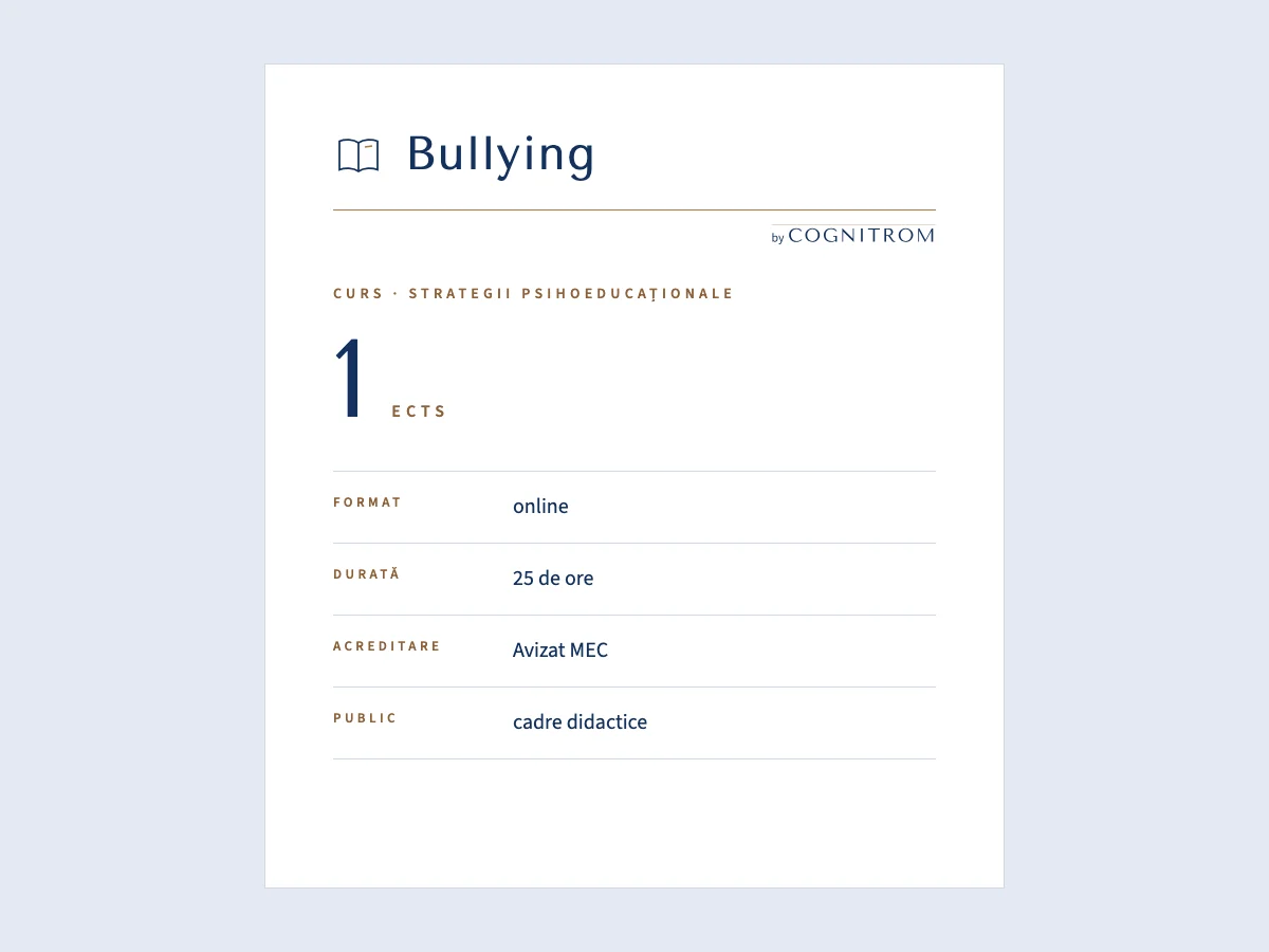 Fișa cursului „Bullying – strategii psihoeducaționale”: format, durată, acreditare și public