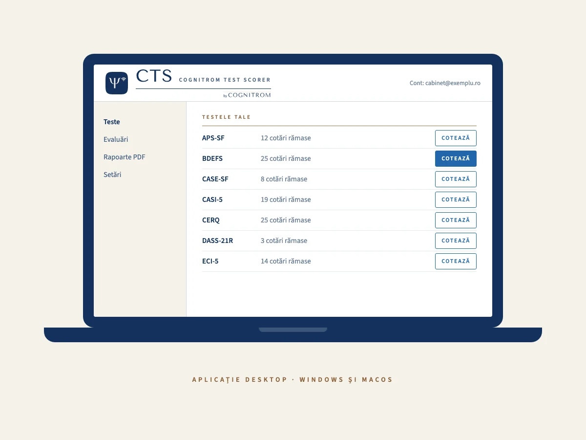 Aplicația CTS – COGNITROM Test Scorer pe laptop: lista testelor compatibile și cotările rămase
