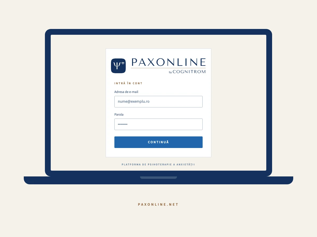 Ecranul de autentificare al platformei PAXonline, pe un laptop